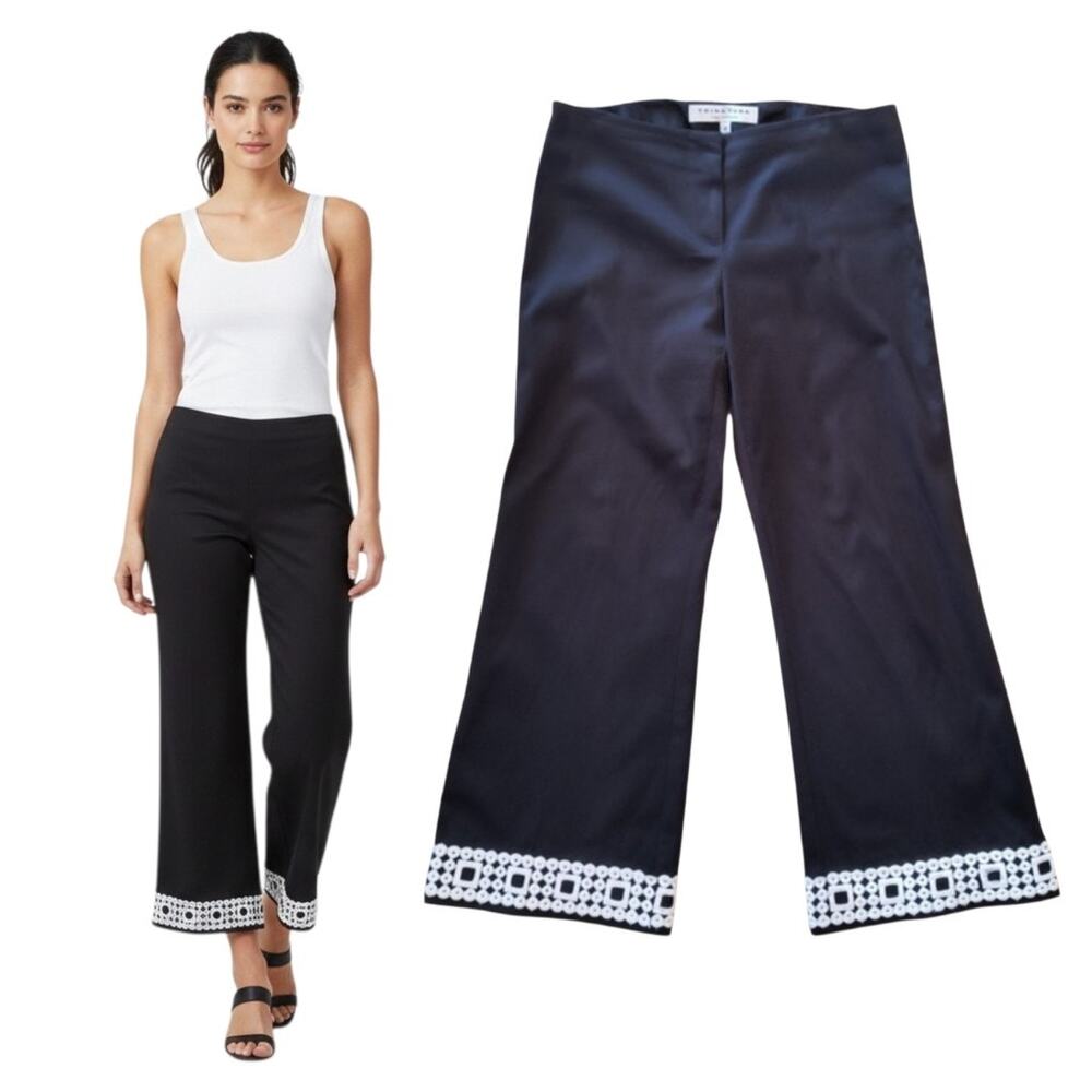 Trina Turk Black White Lace Cropped Flare Dress Pants Sz 4 Satin Finish